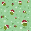 Seamless christmas backgrounds, grinch pattern, holly, christmas elements on a green background.